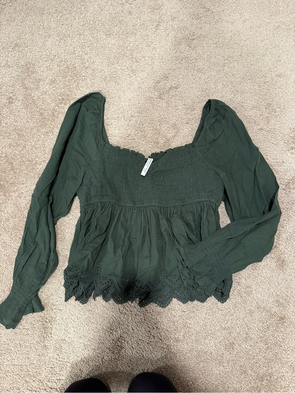 American Eagle Outfitters Olive Green Smocked Peasant Blouse